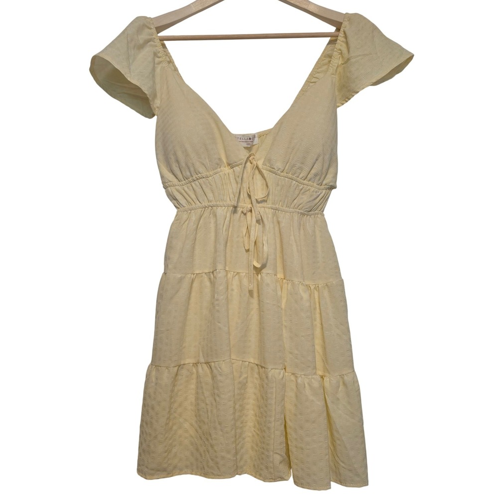 Stella Cruz Yellow Tiered Mini Dress V-Neck Flutter Sleeve Textured Size Large